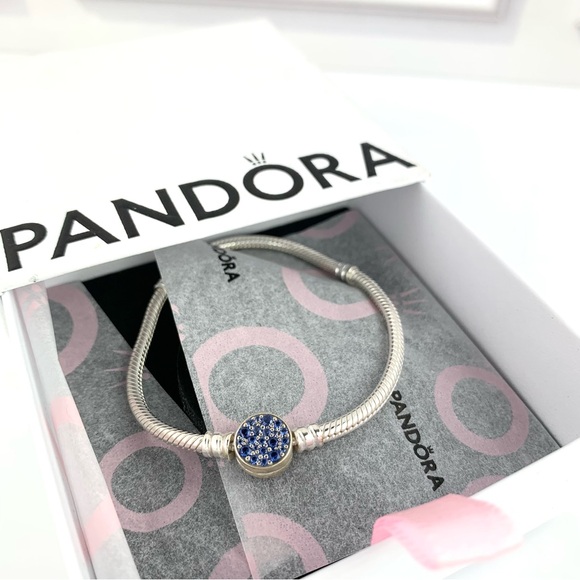 NEW! Pandora Moments Sparkling Blue Disc Clasp Snake Chain Bracelet Size 7.1" - Picture 7 of 13